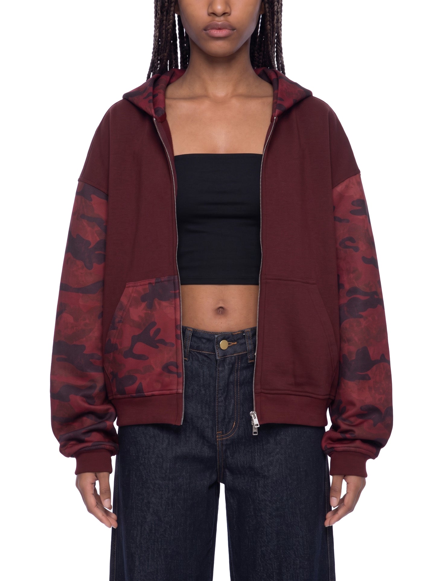 Unisex Colorblock Camo Full Zip Boxy Hoodie