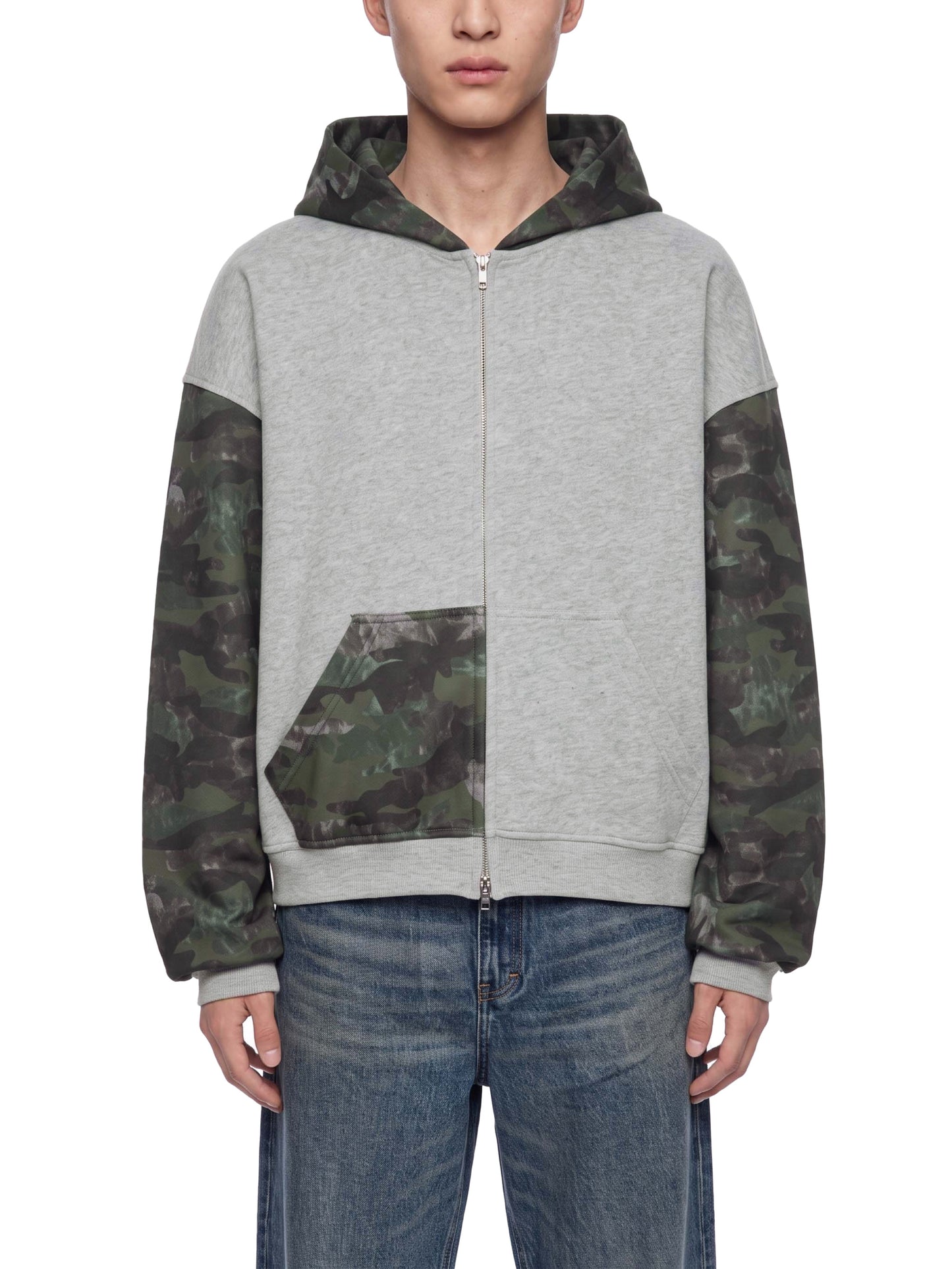 Unisex Colorblock Camo Full Zip Boxy Hoodie